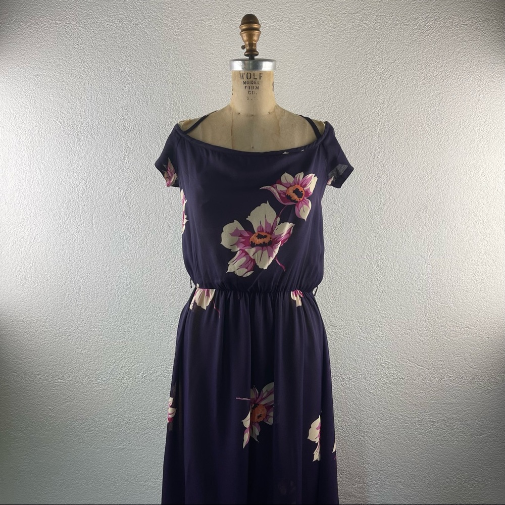 Vintage l 70s S Act I NY Semi-Sheer Hawaiian Purple Floral Criss-Cross Sun Dress
